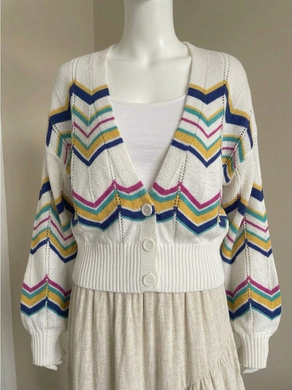 Forever 21 Retro Chevron Striped Cropped Knit Cardigan Sweater Balloon Sleeve S